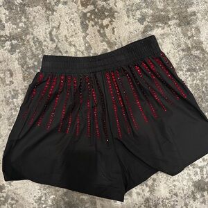 QUEEN OF SPARKLES Black Shorts with Red Sequin Stripes